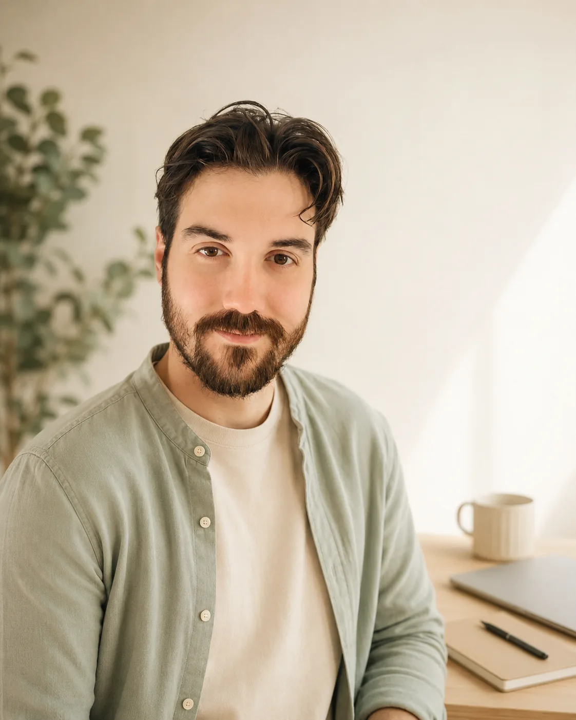 Portrait de Jérémie Alcaraz assis à un bureau dans une lumière douce.