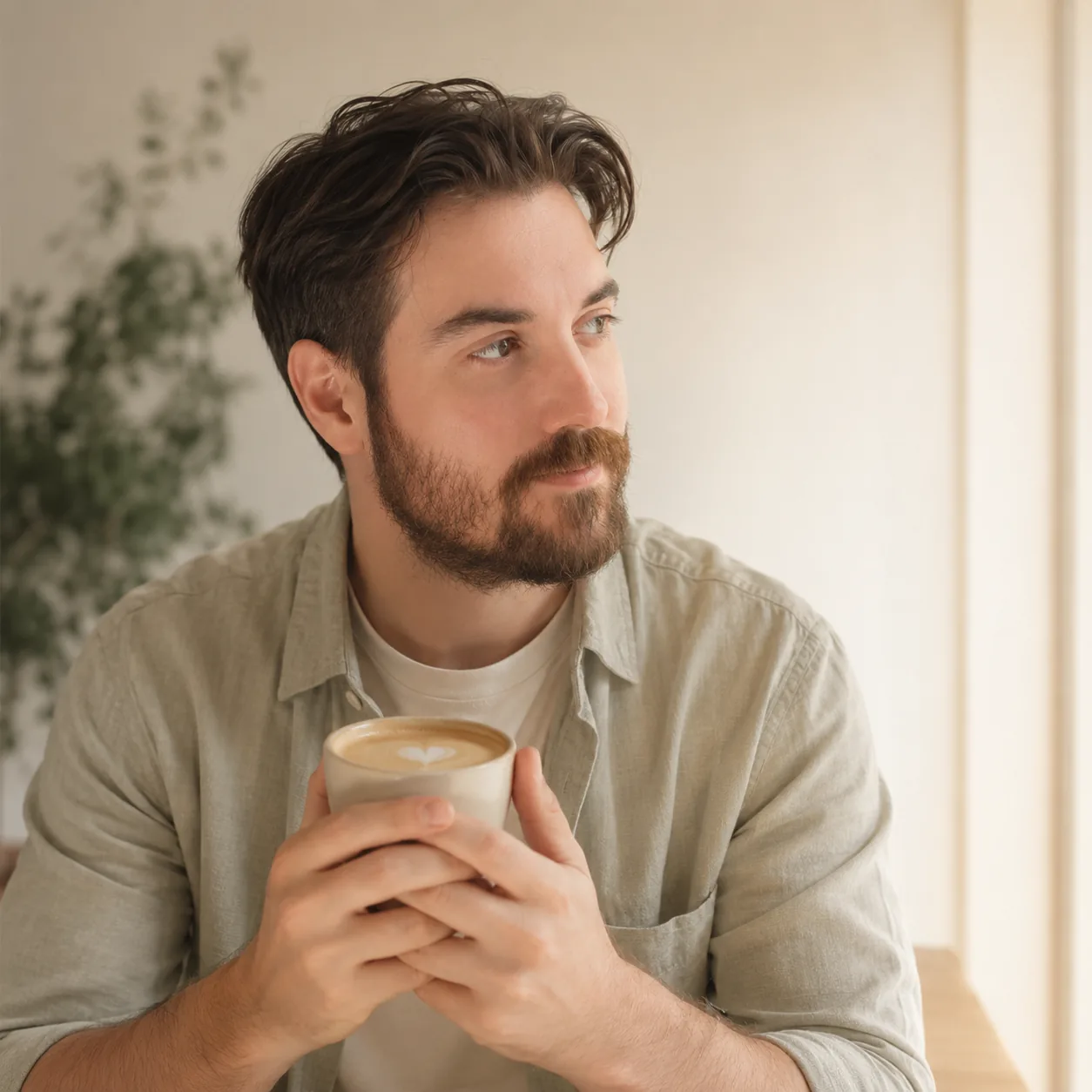 Jérémie Alcaraz tenant une tasse de café avec un cœur, dans une pause lumineuse et apaisée.